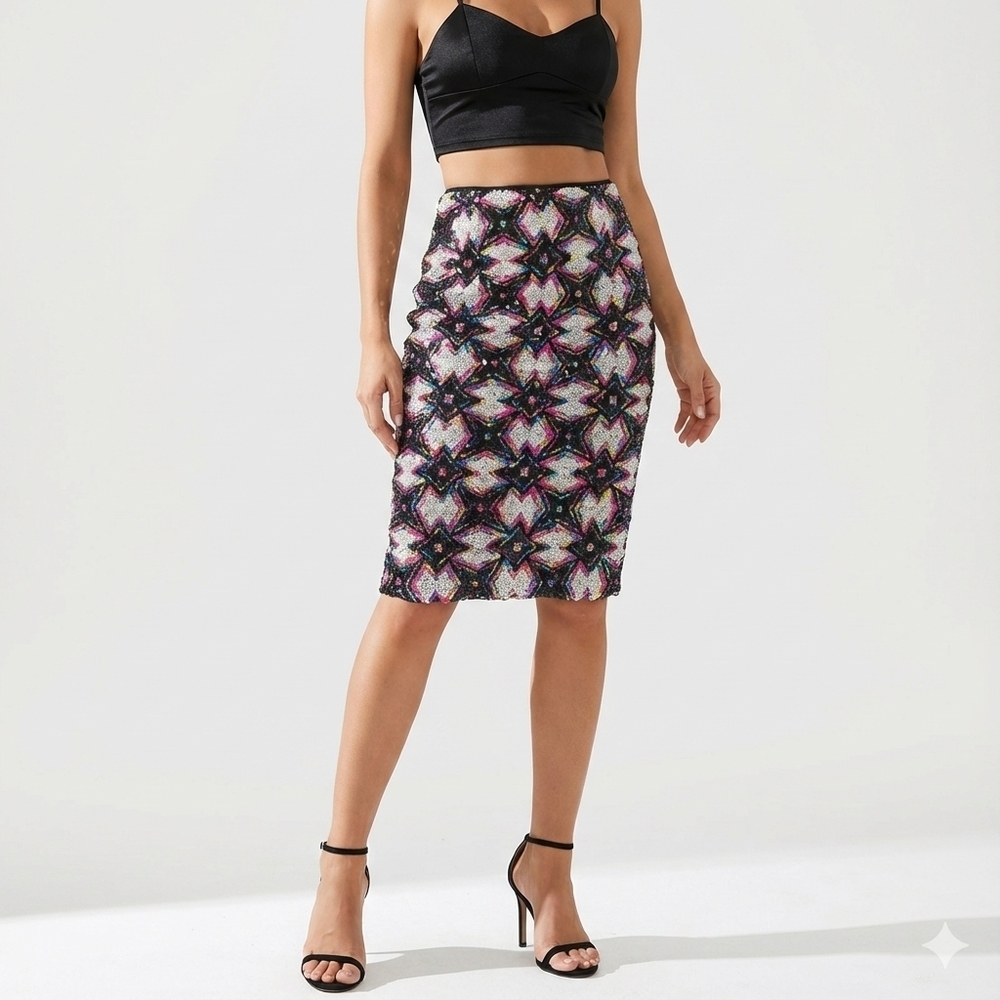 ASTR Pink Black Beaded Sequin Midi Pencil Skirt Glam Party Size S